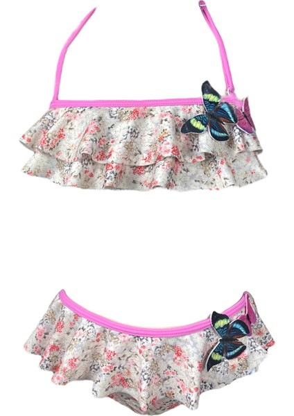 Halter Yaka Floral Desenli 3D Kelebek Detaylı 50UV Kız Çocuk Bikini Takımı By Nessi Byrd