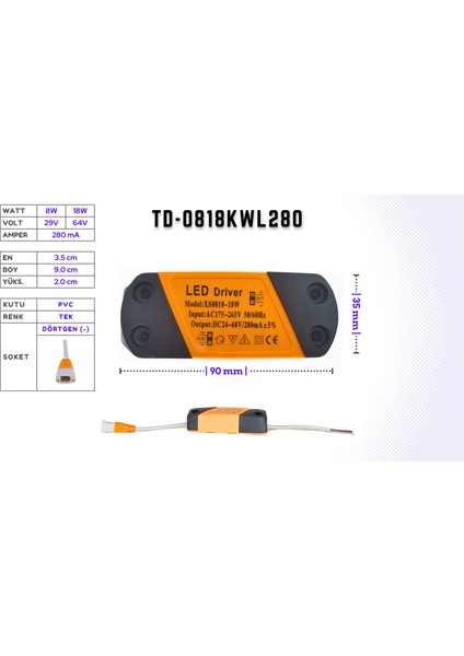 LED Drıver/trafo (8W-18W, 29V-64V, 280MA) Wallwasher LED Panel (10'lu)