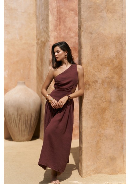 Mharia Asimetrik Detay Bordo Uzun Keten Elbise