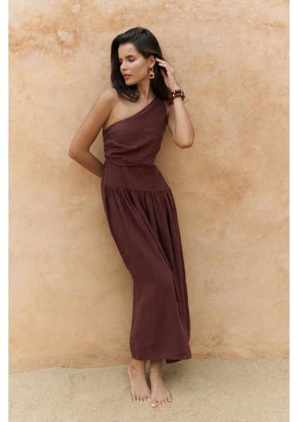 Mharia Asimetrik Detay Bordo Uzun Keten Elbise fiyatları