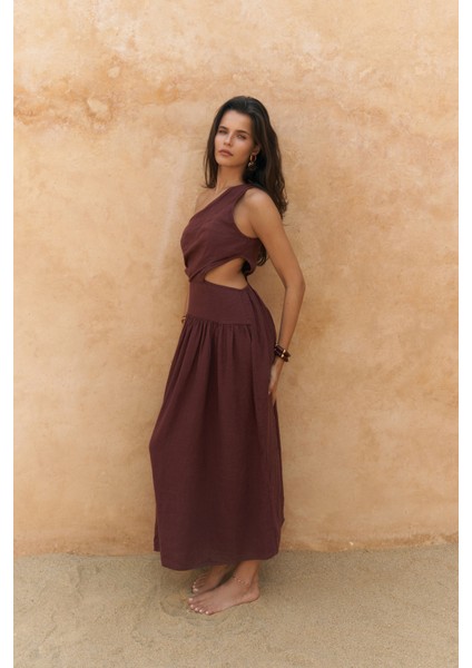 Mharia Asimetrik Detay Bordo Uzun Keten Elbise modelleri