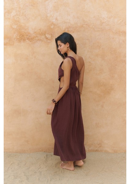 Mharia Asimetrik Detay Bordo Uzun Keten Elbise fırsatları