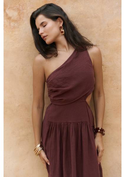 Mharia Asimetrik Detay Bordo Uzun Keten Elbise indirimleri