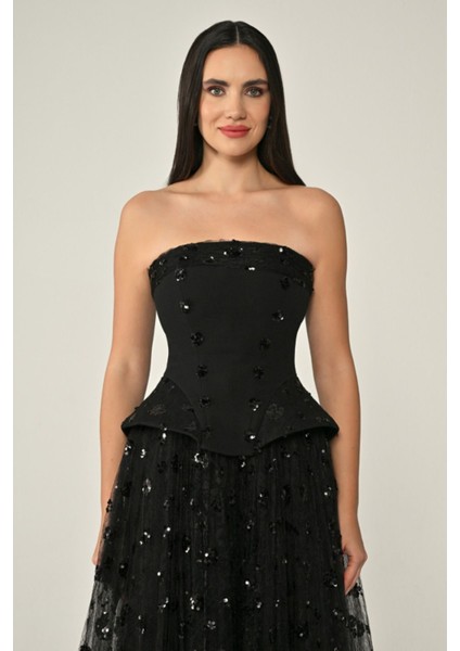 Straplez Eteği Payetli Tül Uzun Abiye Elbise Alfa Beta fiyatları