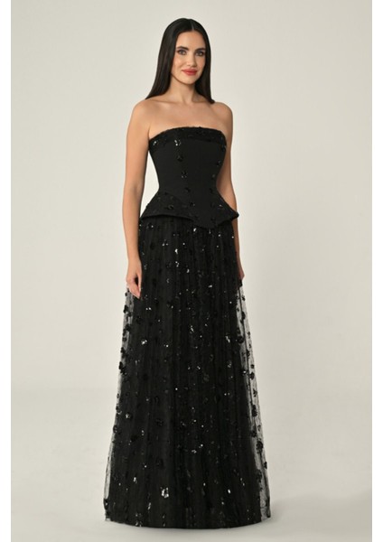 Straplez Eteği Payetli Tül Uzun Abiye Elbise Alfa Beta modelleri