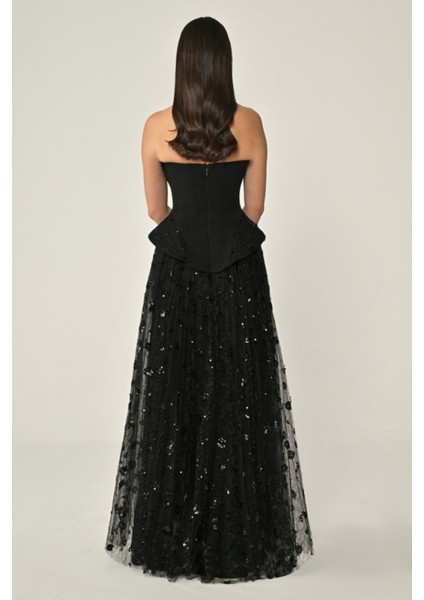 Straplez Eteği Payetli Tül Uzun Abiye Elbise Alfa Beta fırsatları