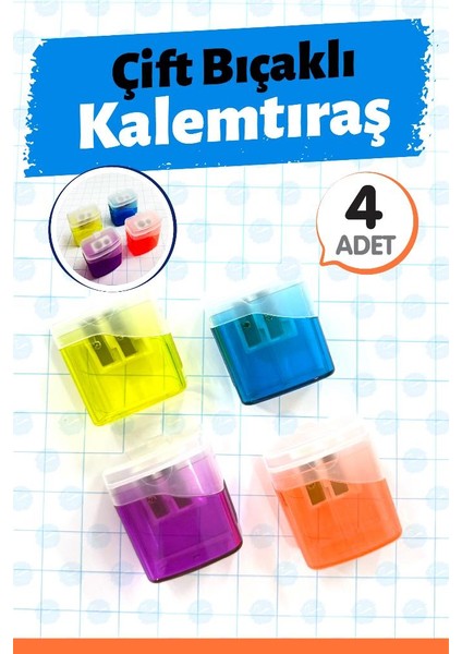 4 Adet Kalemtıraş Çift Bıçaklı Kapaklı -T1416