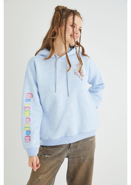 Lisanslı Baskılı Kapüşonlu Kalın Mavi Sweatshirt