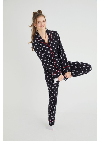 Lisanslı Düğmeli Uzun Kol Pijama Takım Roz-63