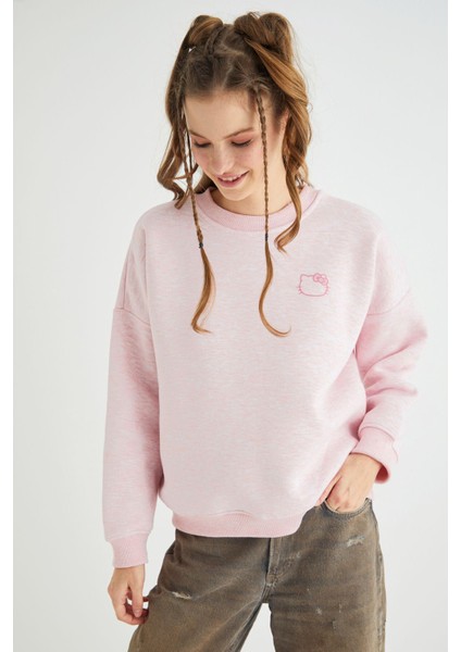 Lisanslı Baskılı Kalın Pembe Sweatshirt