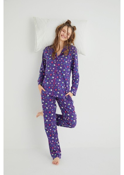Lisanslı Düğmeli Uzun Kol Pijama Takım Roz-68