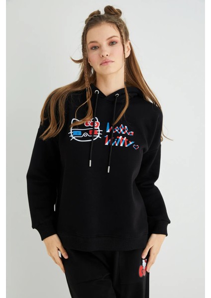 Lisanslı Kapüşonlu Kalın Oversize Siyah Sweatshirt indirimleri