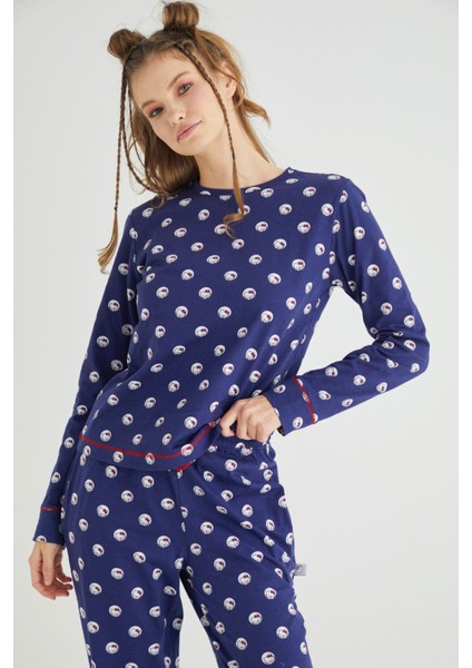 Lisanslı Uzun Kollu Lacivert Pamuklu Pijama Takımı