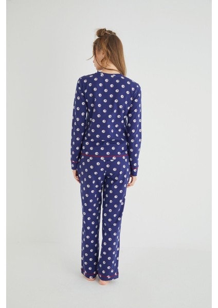 Lisanslı Uzun Kollu Lacivert Pamuklu Pijama Takımı