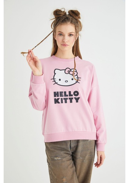 Lisanslı Baskılı Oversize Fit Pembe Sweatshirt