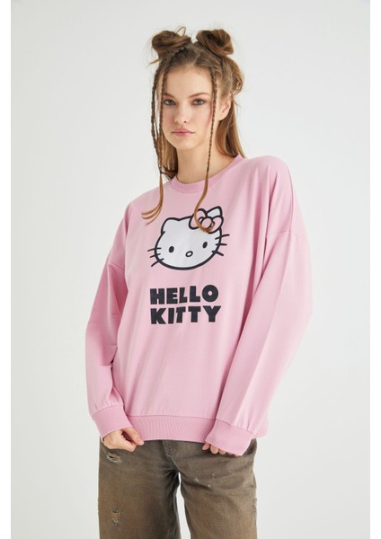 Lisanslı Baskılı Oversize Fit Pembe Sweatshirt