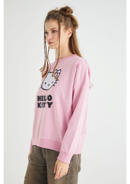 Lisanslı Baskılı Oversize Fit Pembe Sweatshirt