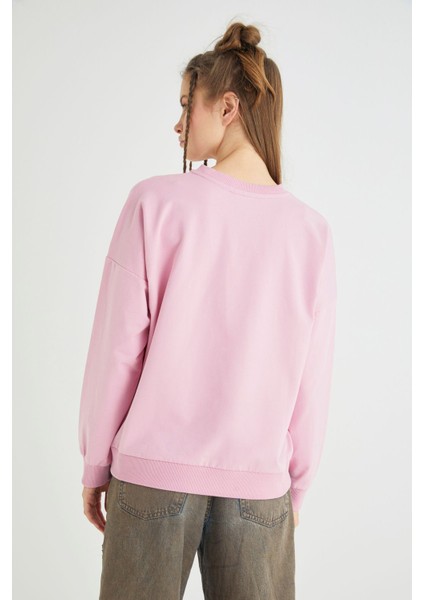 Lisanslı Baskılı Oversize Fit Pembe Sweatshirt