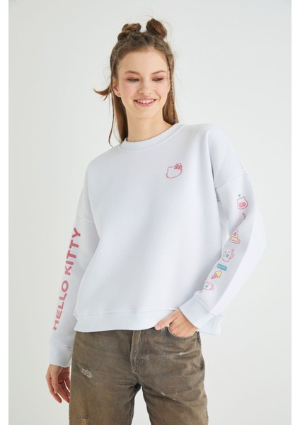 Lisanslı Baskılı Kalın Oversize Beyaz Sweatshirt