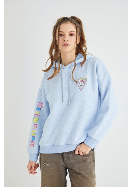 Lisanslı Baskılı Kapüşonlu Kalın Mavi Sweatshirt indirimleri