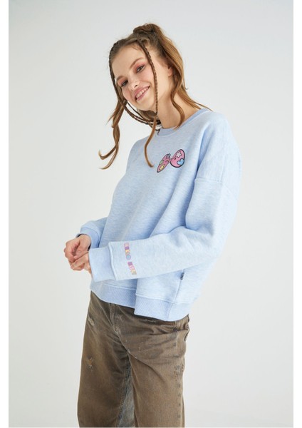 Lisanslı Baskılı Kalın Mavi Sweatshirt