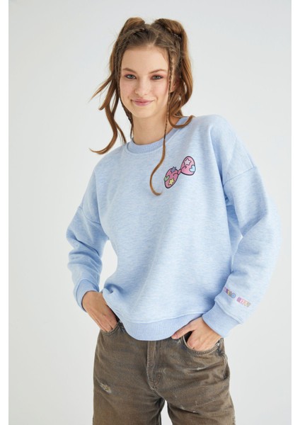 Lisanslı Baskılı Kalın Mavi Sweatshirt