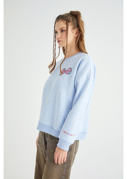Lisanslı Baskılı Kalın Mavi Sweatshirt