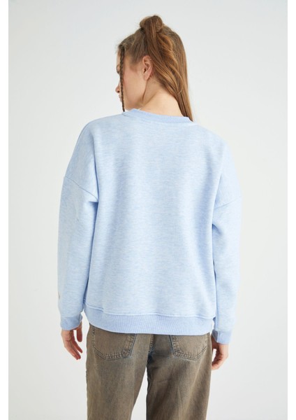Lisanslı Baskılı Kalın Mavi Sweatshirt