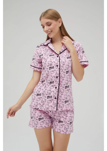 Lisanslı Düğmeli Pembe Kısa Kollu Pijama Takım