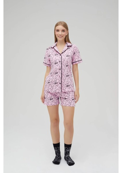 Lisanslı Düğmeli Pembe Kısa Kollu Pijama Takım indirimleri