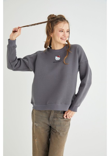 Lisanslı Baskılı Kalın Oversize Fit Gri Sweatshirt