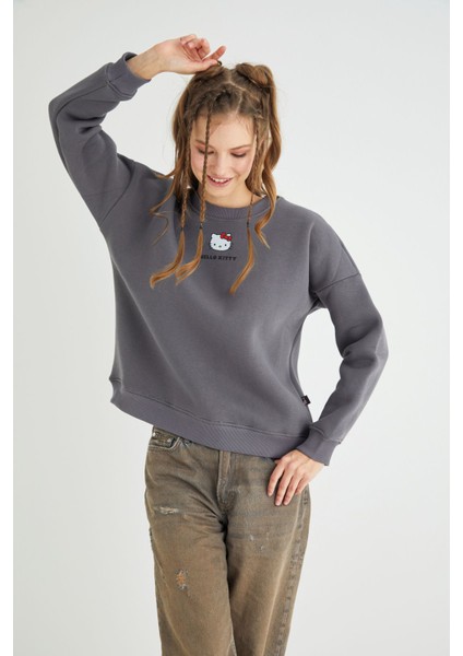 Lisanslı Baskılı Kalın Oversize Fit Gri Sweatshirt