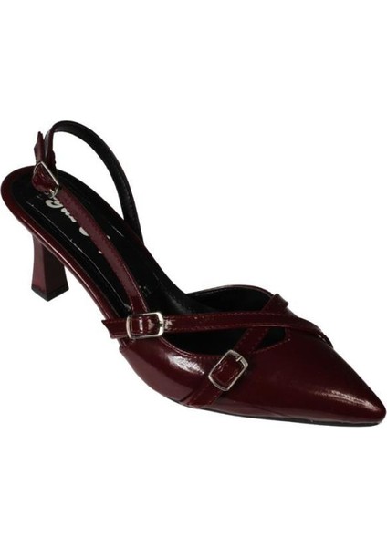 Yazkış Kadın Gümüş Saten Bordo Rugan Üstü Toklaı Burnu Sivri 7cm Ince Topuklu Stiletto Ayakkabı