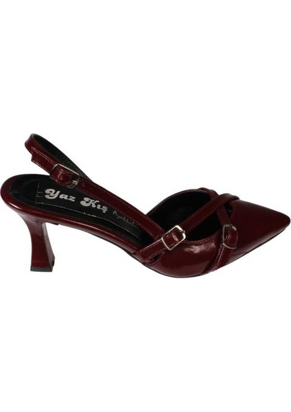 Yazkış Kadın Gümüş Saten Bordo Rugan Üstü Toklaı Burnu Sivri 7cm Ince Topuklu Stiletto Ayakkabı fiyatları