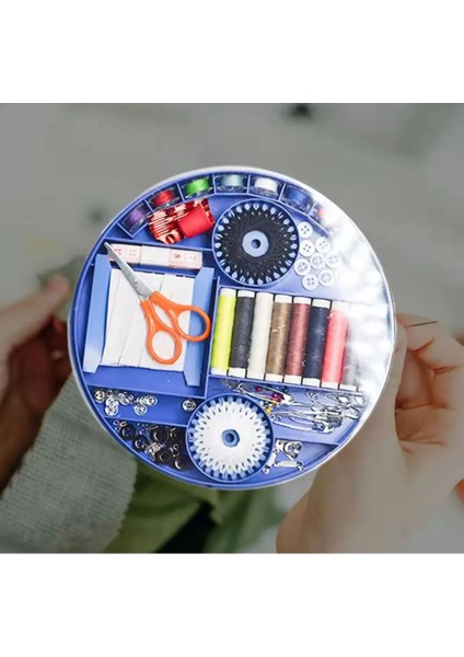 Yuvarlak Kutulu Dikiş Seti, El Işi Malzemeleri, Dikiş Ipi Seti, Iğne, Çıtçıt, Mezura, Lastik Seti