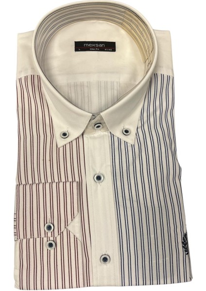 Marka Slim Fit L Beden Beyaz Lacivert Çizgili Erkek Gömlek