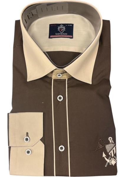 Marka Slim Fit L 41/42 Beden Kahverengi Krem Erkek Gömlek