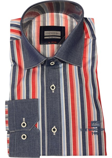 Marka Slim Fit Lacivert Mavi Beyaz Çizgili Erkek Gömlek