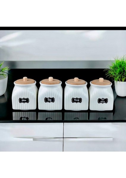 4’lü Bambu Kapaklı Porselen Şeker Tuz Kahve Saklama Kavanoz Seti
