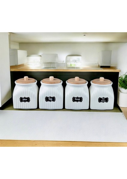 4’lü Bambu Kapaklı Porselen Şeker Tuz Kahve Saklama Kavanoz Seti fiyatları