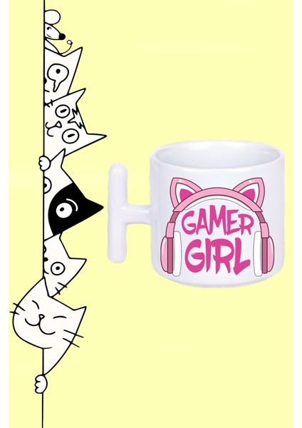Gamer Gırl Oyuncu Kız Pembe Kulaklık Tasarım Baskılı Beyaz T Sap Kupa Bardak