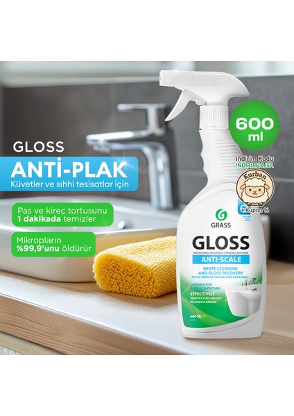 Gloss Pas & Kireç Sökücü Sprey 600ml - Banyo, Mutfak, Jakuzi ve Havuz için Profesyonel Çok Amaçlı Temizleyici | Kireç, Pas, Sabun Lekelerini Anında Çözer | Leke Bırakmaz | Klor ve Alkali İçermez