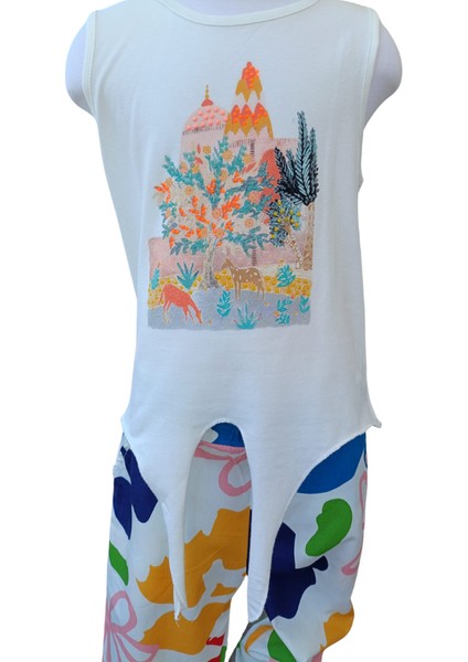 Kız Çocuk T-Shirt Çınar Baskılı Önden Bağlamalı Ekru