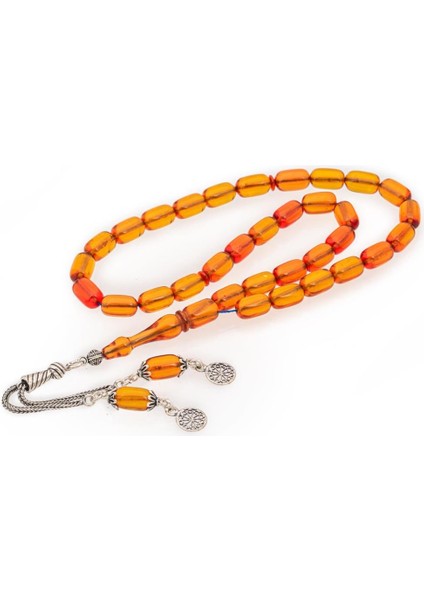 925 Ayar Gümüş Püsküllü Kapsül Kesim Sarı Kehribar Tesbih