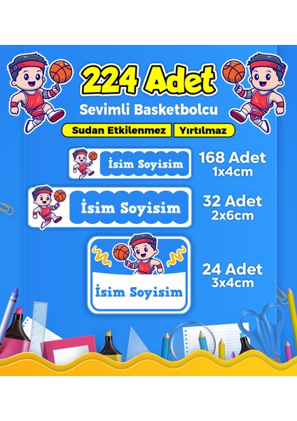 Basketbol Temalı Okul Kreş Kişiye Özel Isim Etiket Seti - Model 248