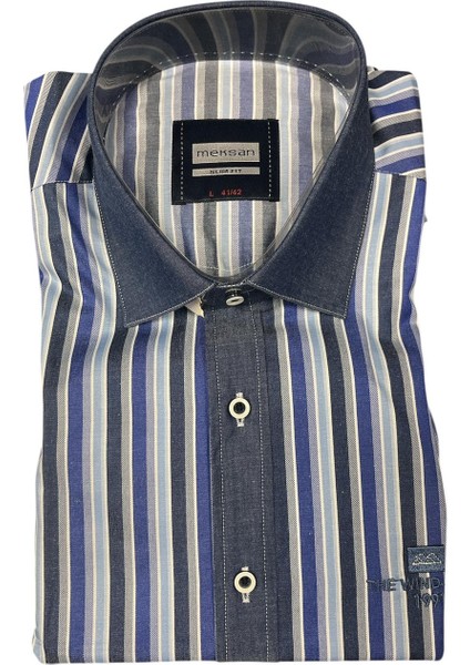 Slim Fit L Beden Lacivert Çizgili Gömlek