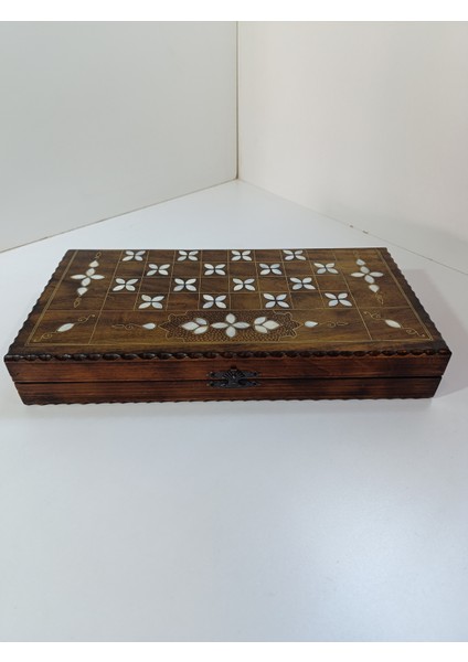Sedef Kakma Telkari Işlemeli El Işçiliği Büyük Boy Ahşap Tavla - Açık Renk (25X50 Cm)