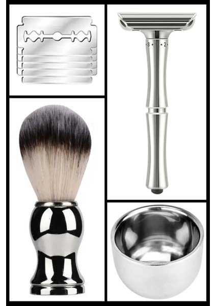 Q16 Full Metal Manuel Tıraş Makinesi + F10 Fırça + Kase + 5 Adet Platinum Yaprak Jilet