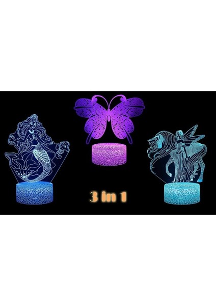 3'ü 1 Arada Kelebek Tek Boynuzlu Denizkızı Grubu 3D Illüzyon (Yurt Dışından) modelleri