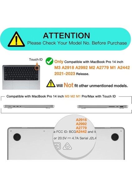 M3 MacBook Pro 14 Inç Kılıf 2023 2021 A2918 A2992 A2779 A2442 M2 M1 Pro / Max Touch Id ile Sert Kabuk Kapak MacBook Pro 14" ile Uyumlu (Yurt Dışından)